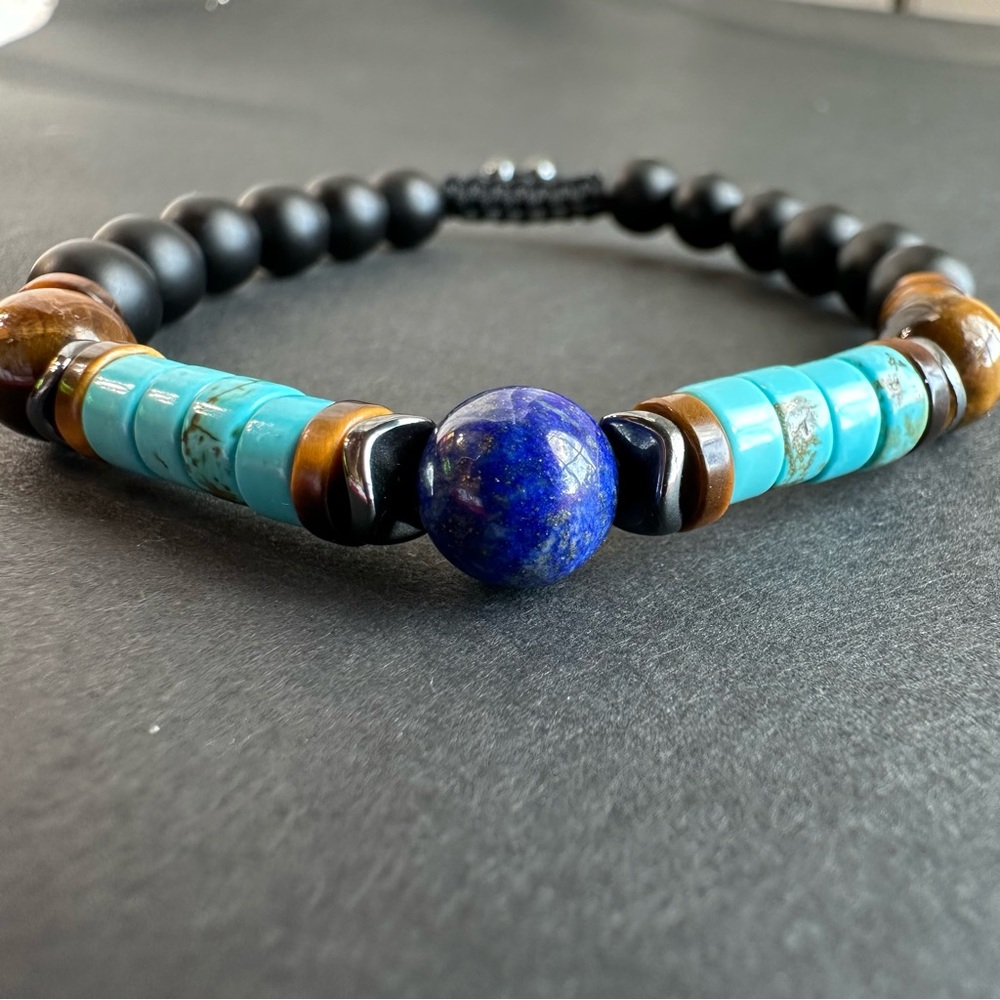 Mens Lapis, Tigers eye and Turquoise Bracelet beaded gemstone bracelet - Picture 2 of 4